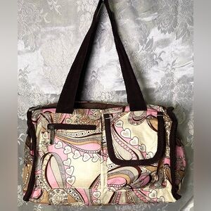 LeSportsac Pink Heart Paisley Nylon Tote Bag Brown Trim